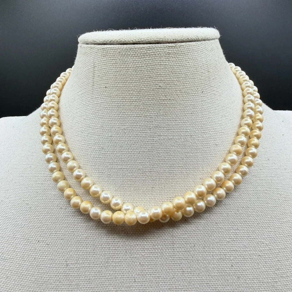 Double Strand Faux Pearl Necklace Cream Gold Tone Hook Clasp Romantic Elegant